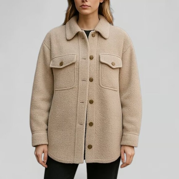 JOIE Biege Cream Sherpa Oversized Lined Teddy Jacket SZ S - Picture 2 of 9